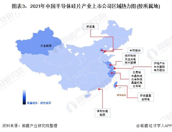 圖表3：2021年中國(guó)半導(dǎo)體硅片產(chǎn)業(yè)上市公司區(qū)域熱力圖(按所屬地)